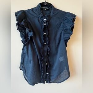 Veronica Beard Navy Ruffle-Trim Button Front Top